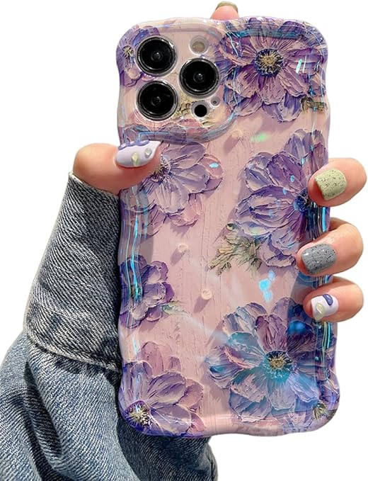 Wellemp Case for iPhone 15 Pro Max, Colorful Retro Oil Painting Printed Flower Laser Glossy Pattern Cute Curly Wave Edge Exquisite Phone Cover Stylish Durable TPU Protective Case for Girls Women