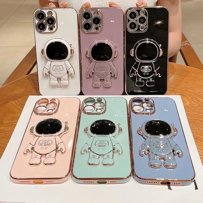 AIGOMARA 6D Plating Astronaut Hidden Stand Case Cover for iPhone 13 Pro Max Women Astronaut Folding Bracket Kickstand iPhone Case with Camera Protector Soft TPU Shockproof Bumper 6.7 Inch - Pink