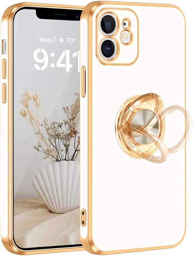 Fingic iPhone 12 Case with 360° Rotatable Ring Holder Magnetic Kickstand, Shiny Plating Gold Edge, Slim Soft TPU Shockproof Protective Cover for Women, Men, White