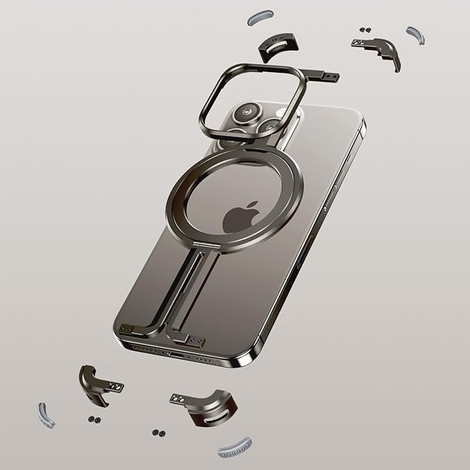 iPhone 15 Pro Frameless Case, Sleek Minimalist Protective Shock Absorption Aerospace Grade Aluminum Shells with Built-in Kickstand Phone Case (Natural Titanium, iPhone 15 Pro)