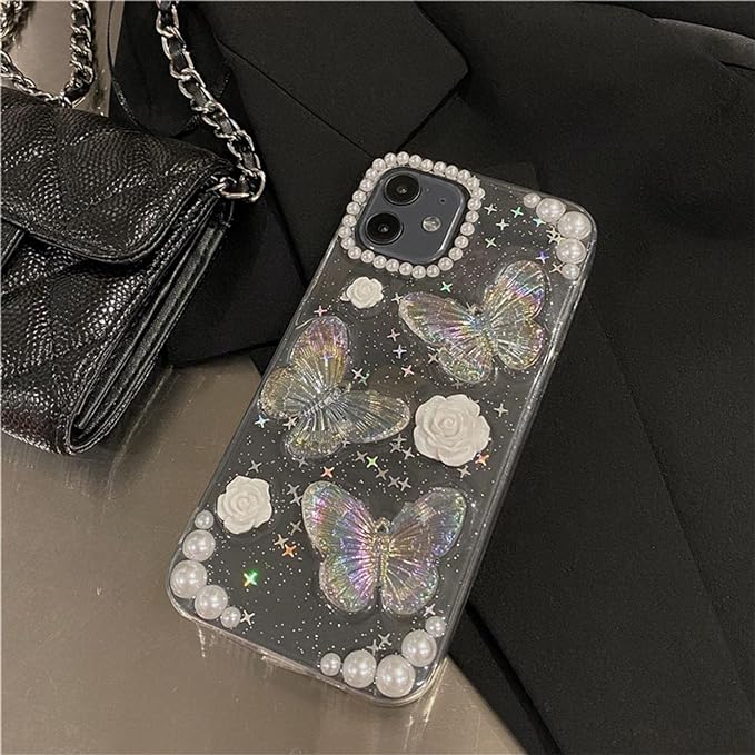 Fycyko Compatible for iPhone 11 3D Butterfly Floral Clear with Design Aesthetic Women Teen Girls Glitter Pretty Crystal Sparkle Sparkly Cute Girly Phone Cases Protective Cover+Pearl Chain-Clear