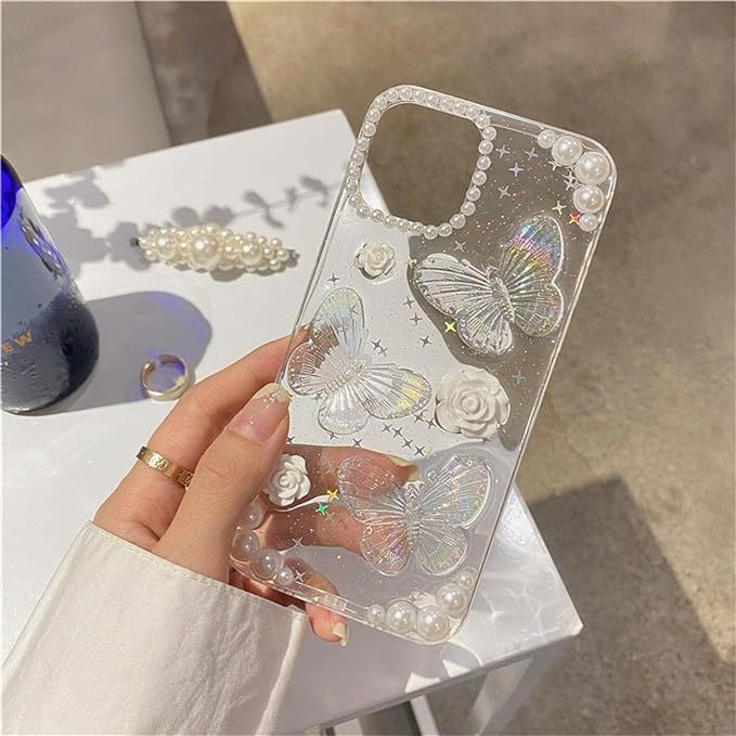 Fycyko Compatible for iPhone 11 3D Butterfly Floral Clear with Design Aesthetic Women Teen Girls Glitter Pretty Crystal Sparkle Sparkly Cute Girly Phone Cases Protective Cover+Pearl Chain-Clear