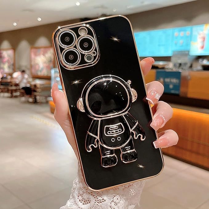 AIGOMARA 6D Plating Astronaut Hidden Stand Case Cover for iPhone 13 Pro Max Women Astronaut Folding Bracket Kickstand iPhone Case with Camera Protector Soft TPU Shockproof Bumper 6.7 Inch - Pink