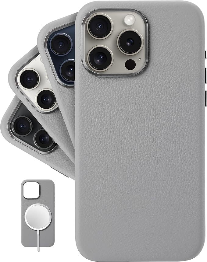 iPhone 15 Pro Max - European Genuine Pebble Leather Phone Case with Aluminium Camera Frame [Compatible with Magsafe] - Silver Gray