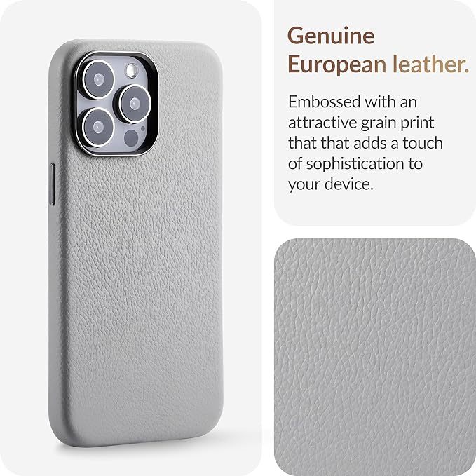 iPhone 15 Pro Max - European Genuine Pebble Leather Phone Case with Aluminium Camera Frame [Compatible with Magsafe] - Silver Gray