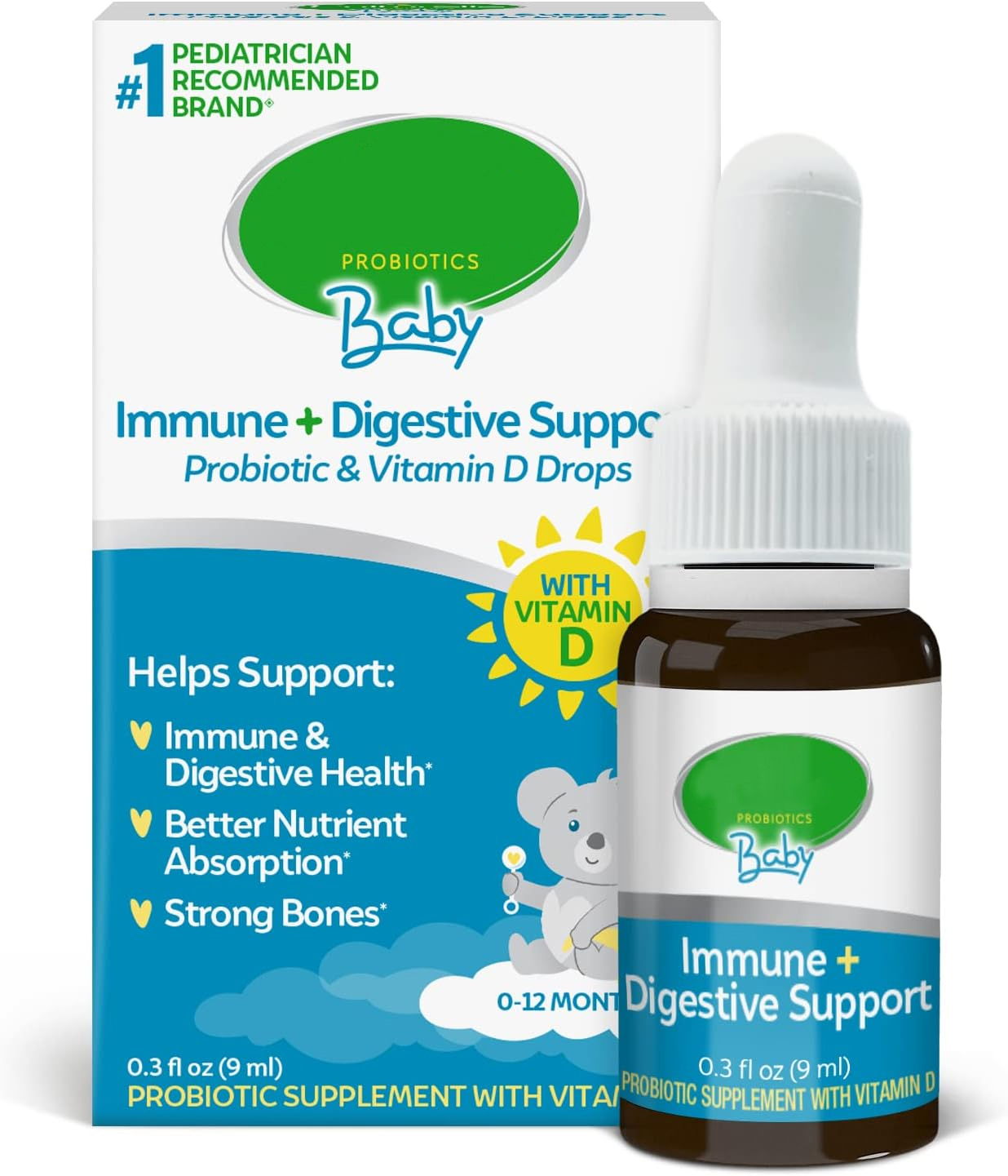 Probiotics + Vitamin D Drops, Promotes Development of Healthy Immune & Digestive Systems in Babies & Infants*, with Vitamin D, Gluten Free & Non-GMO, 9ml