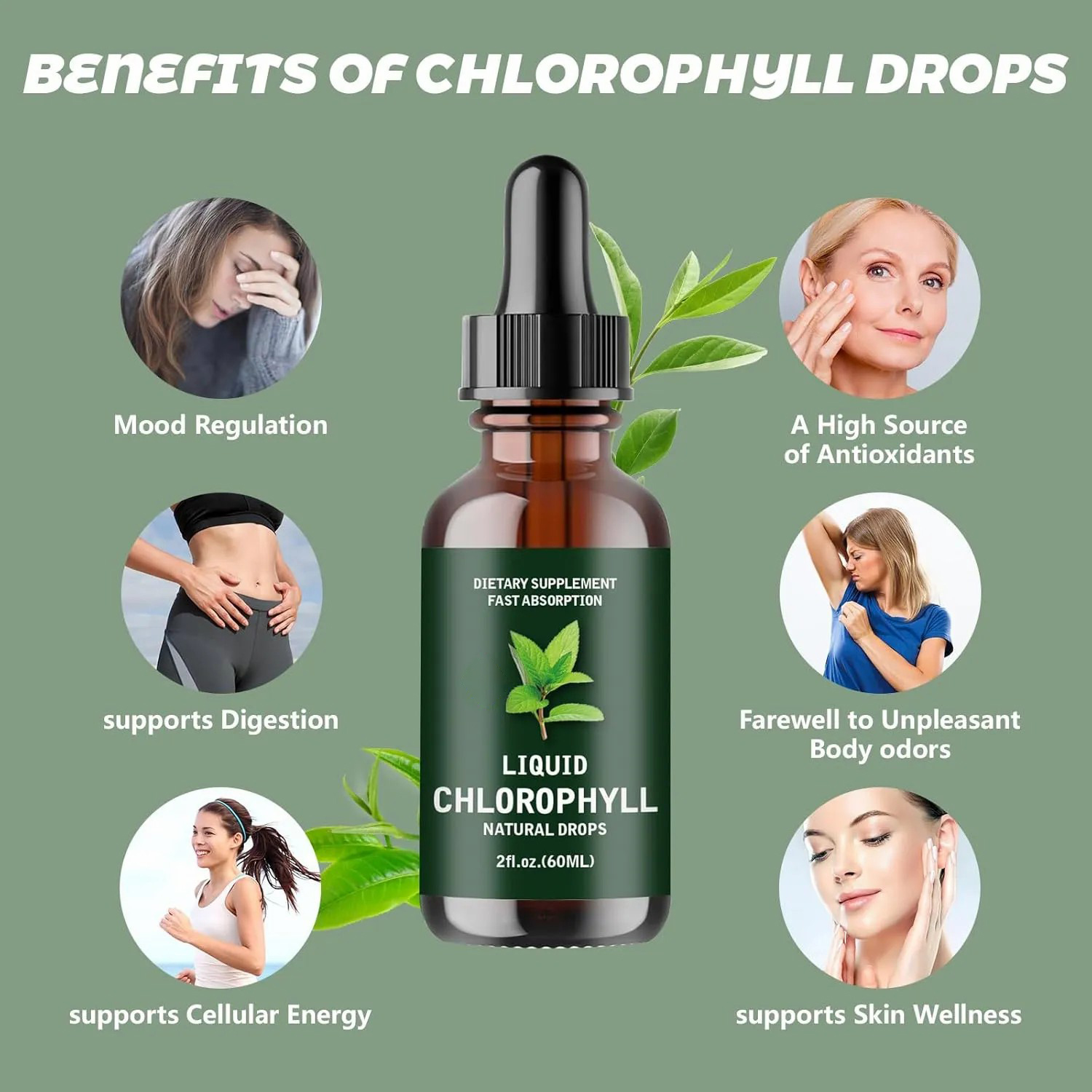 2pc Chlorophyll Drops, Chlorophyll Drops Used for Detoxification in The Body, Enhancing The Skin, Enhancing Energy and Supporting Immune System with Liquid Chlorophyll