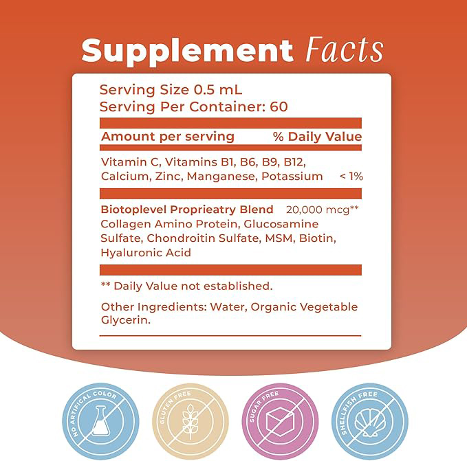 Liquid Glucosamine, Chondroitin, MSM, Biotin, Hyaluronic Acid All in one - Black Glass Dropper - Good Health of Joints, Bones, Hair, Skin and Nails