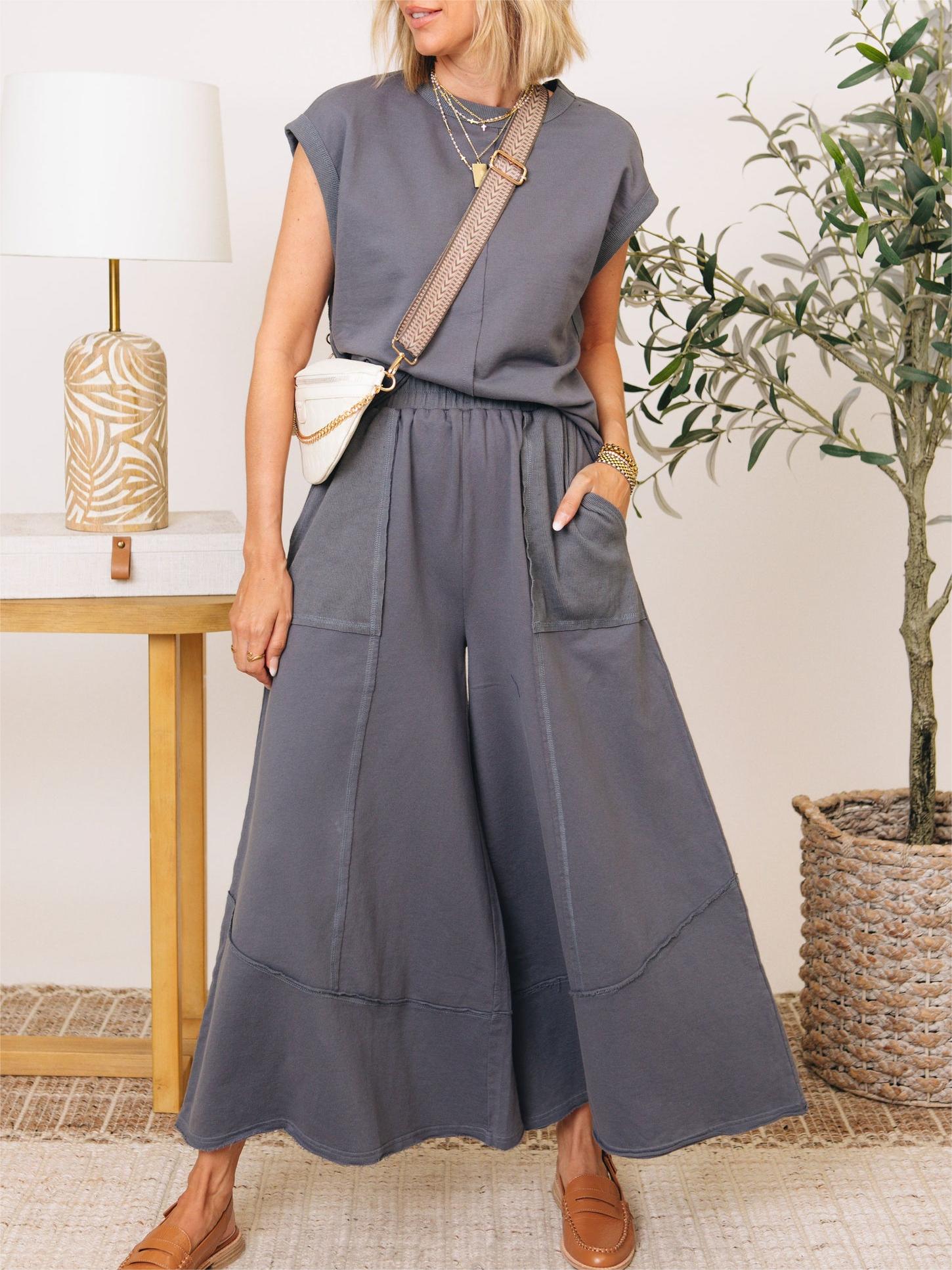 Clean Lines Raw Edge Detail Top & Wide-leg Pants Set(Buy 2 Free Shipping)
