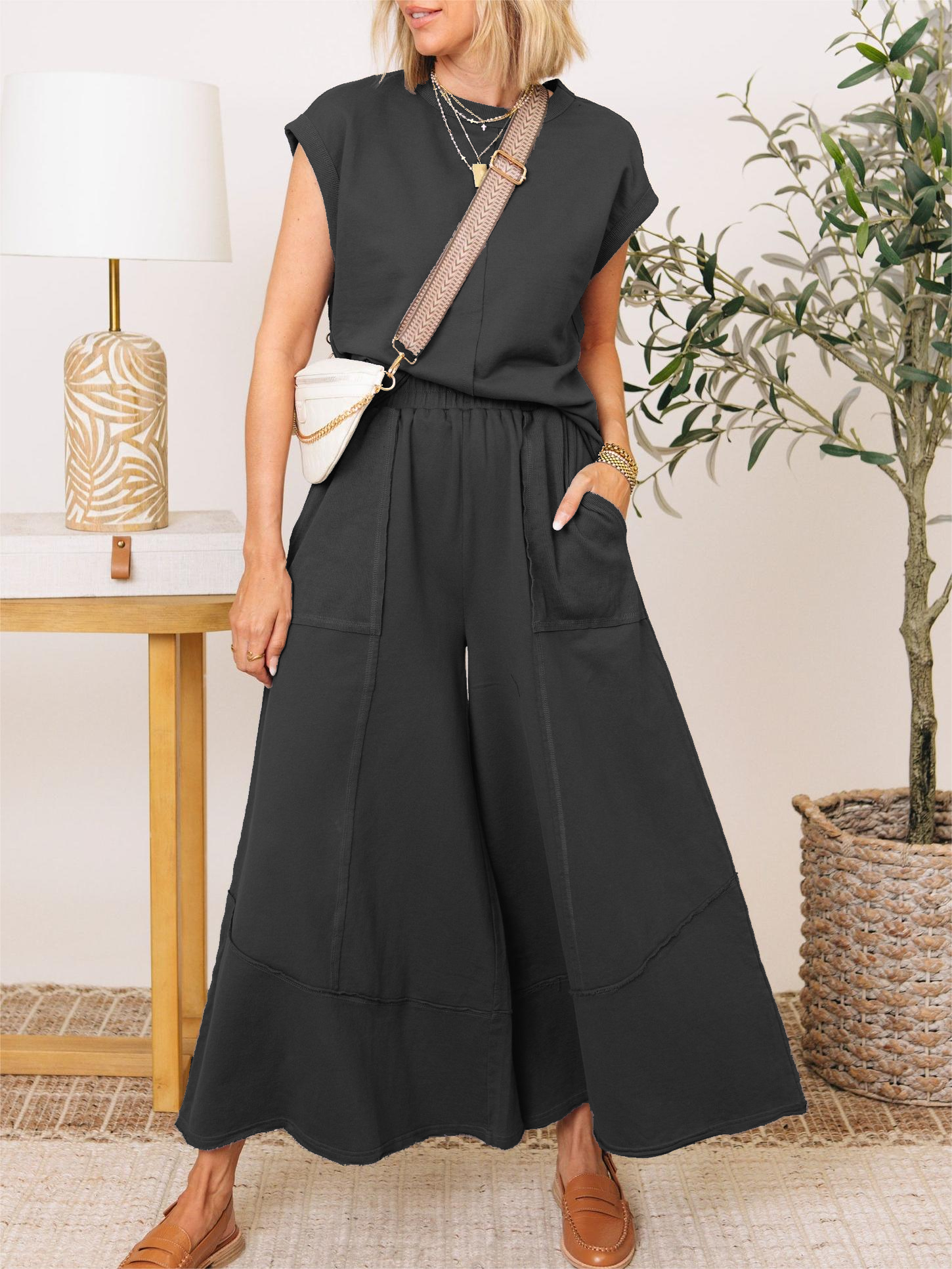 Clean Lines Raw Edge Detail Top & Wide-leg Pants Set(Buy 2 Free Shipping)