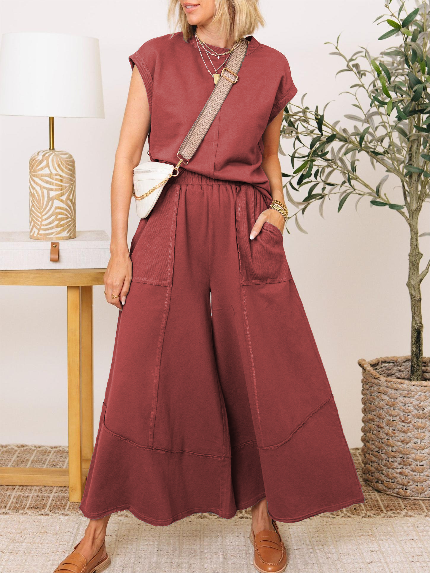 Clean Lines Raw Edge Detail Top & Wide-leg Pants Set(Buy 2 Free Shipping)