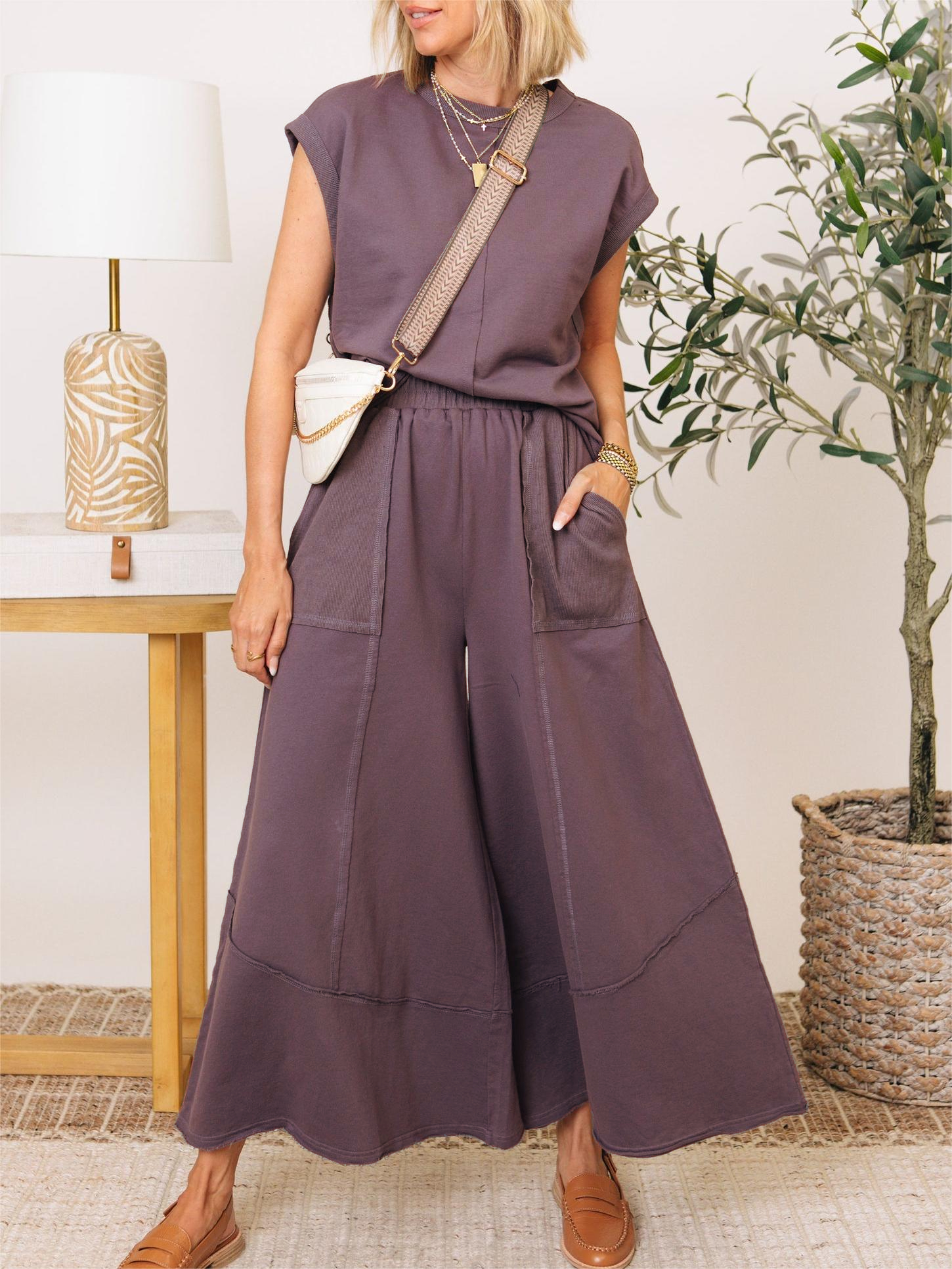 Clean Lines Raw Edge Detail Top & Wide-leg Pants Set(Buy 2 Free Shipping)