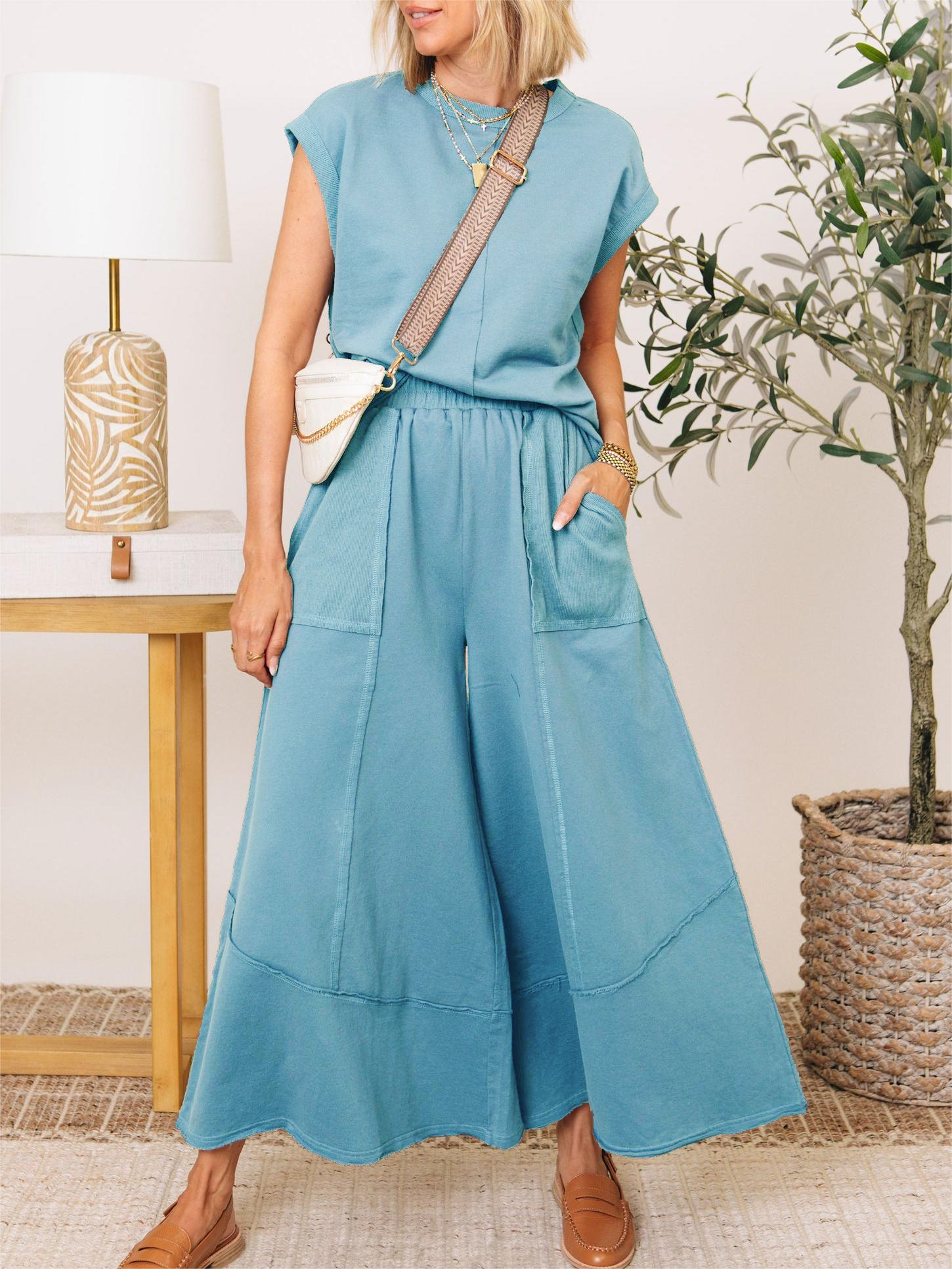 Clean Lines Raw Edge Detail Top & Wide-leg Pants Set(Buy 2 Free Shipping)