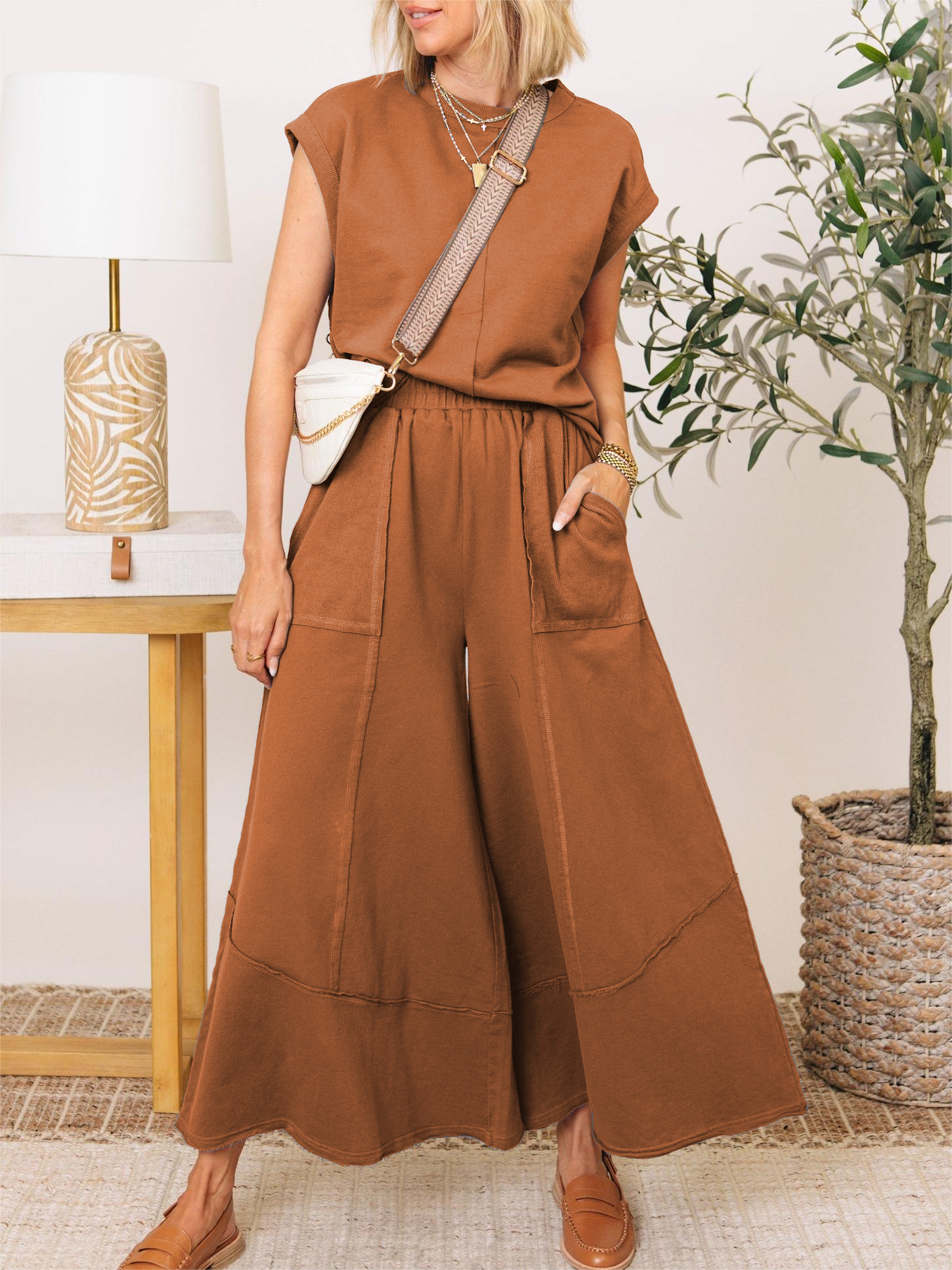 Clean Lines Raw Edge Detail Top & Wide-leg Pants Set(Buy 2 Free Shipping)