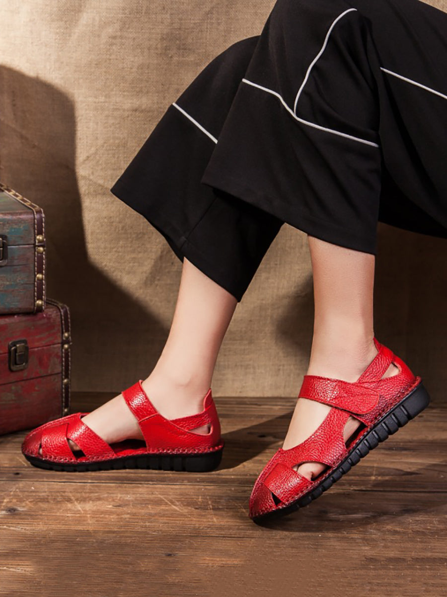 Women Summer Solid Soft Leather Spliced Flat Sandals