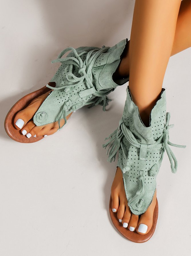 Retro Flat Tassel Cutout Thong Sandals