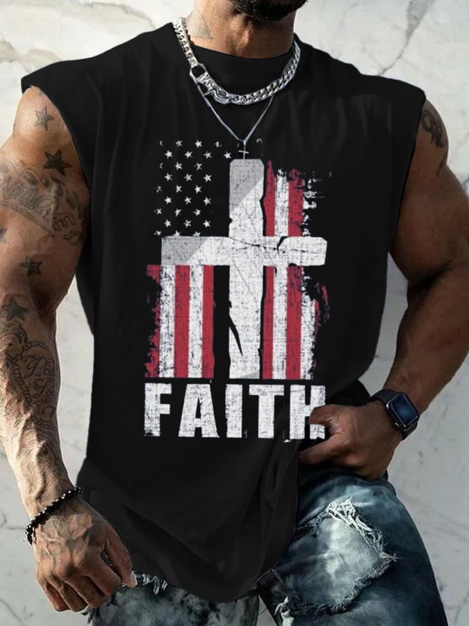 Men'S Faith and American Flag Print Casual Crew Neck Tank Top