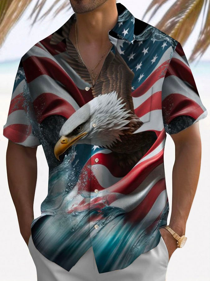American Flag Eagle Fashion Short Sleeve Pocket Shirt