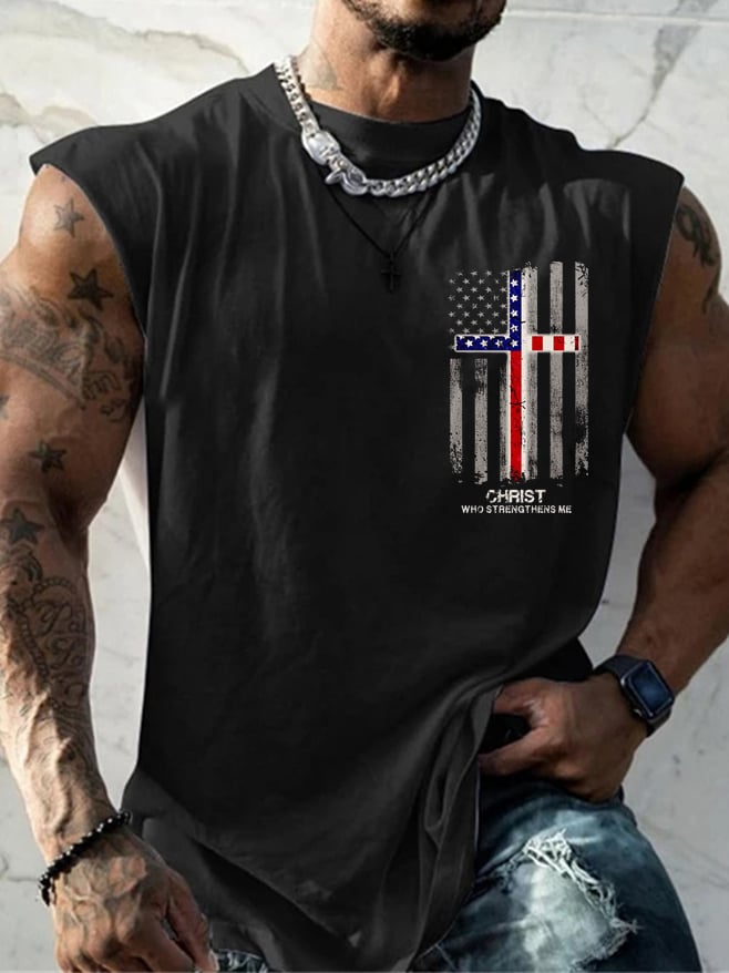 Men's Christ Who Strengthens Me USA Flag Print Casual Tank Top