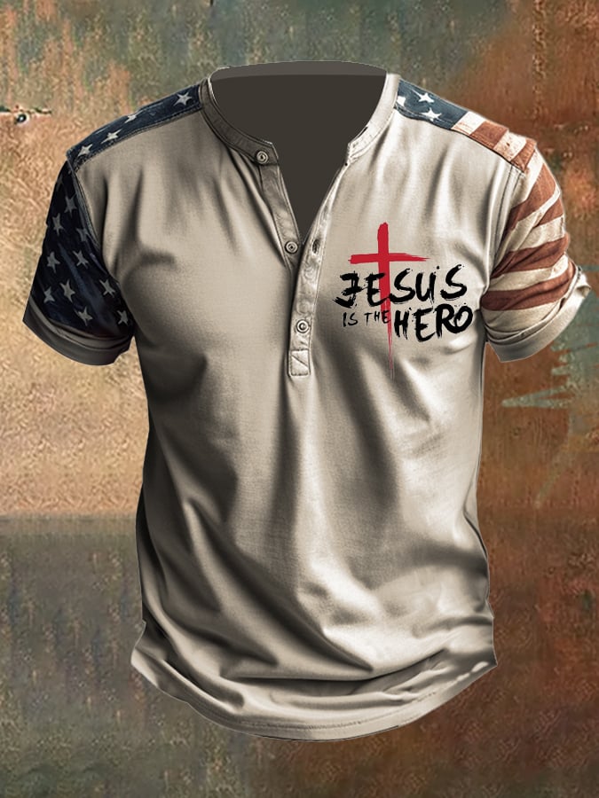 Men's Vintage American Flag Print Henley Neck T-Shirt