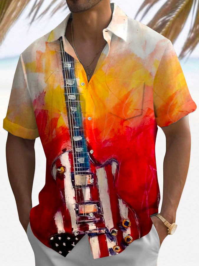 Flag Print Fashion Print Short Sleeve Pocket Shirt