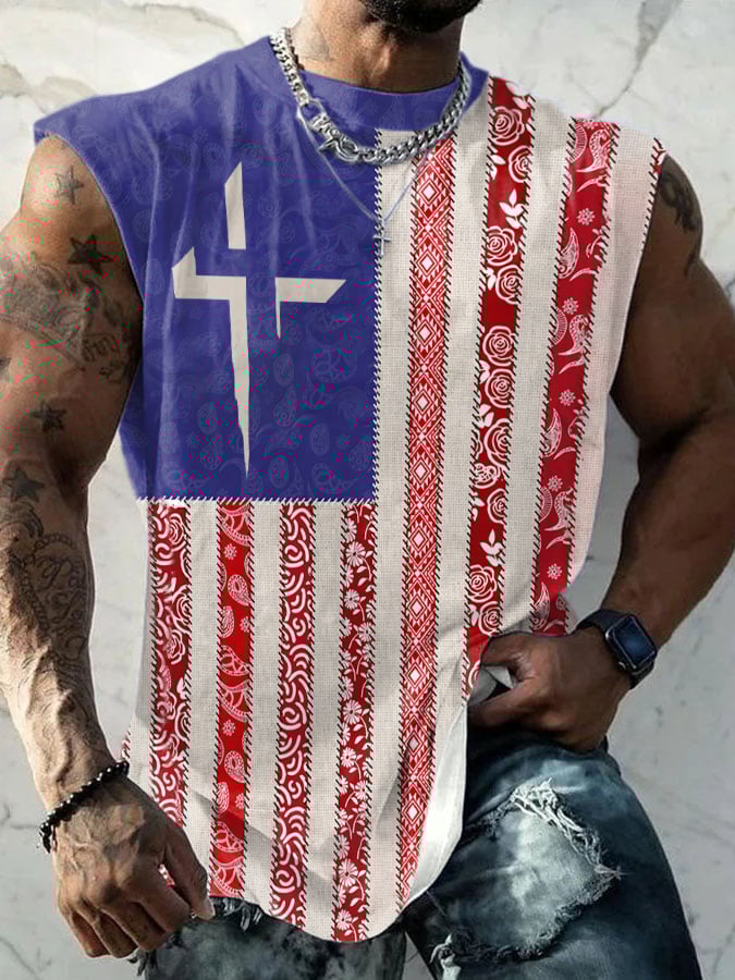 Men'S Jesus Cross Floral Flag Print Tank Top