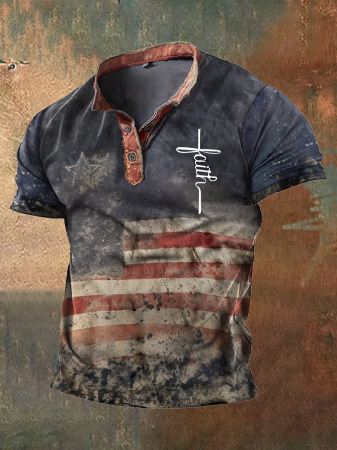 Men's Vintage American Flag Print Henley Neck T-Shirt