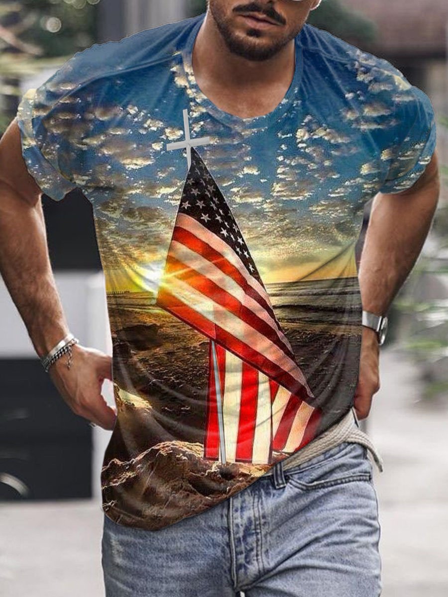 Men'S Jesus Cross Floral Flag T-Shirt