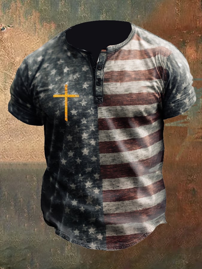 Men's Vintage American Flag Print Henley Neck T-Shirt