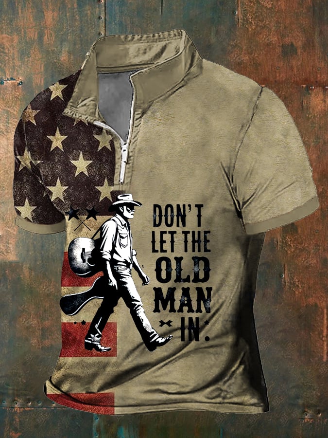 Men's Don't Let The Old Man In America Flag Print Zipper Polo
