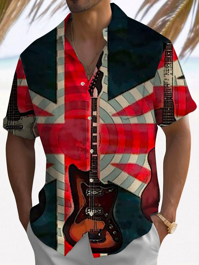 Flag Print Fashion Print Short Sleeve Pocket Shirt