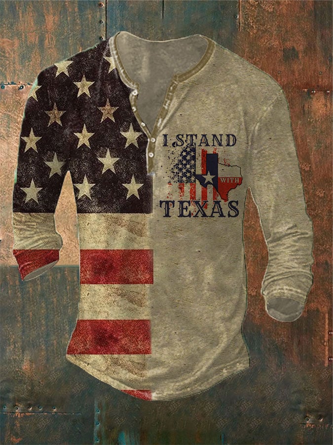 Men's American FlagI Stand With Texas Printed Casual Henley Shirt
