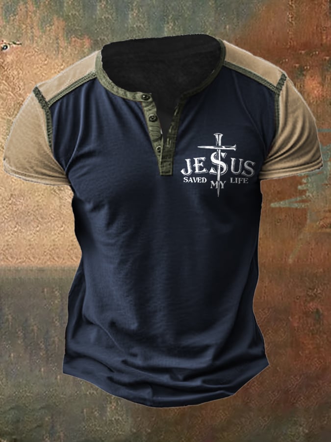 Men's Vintage American Flag Print Henley Neck T-Shirt