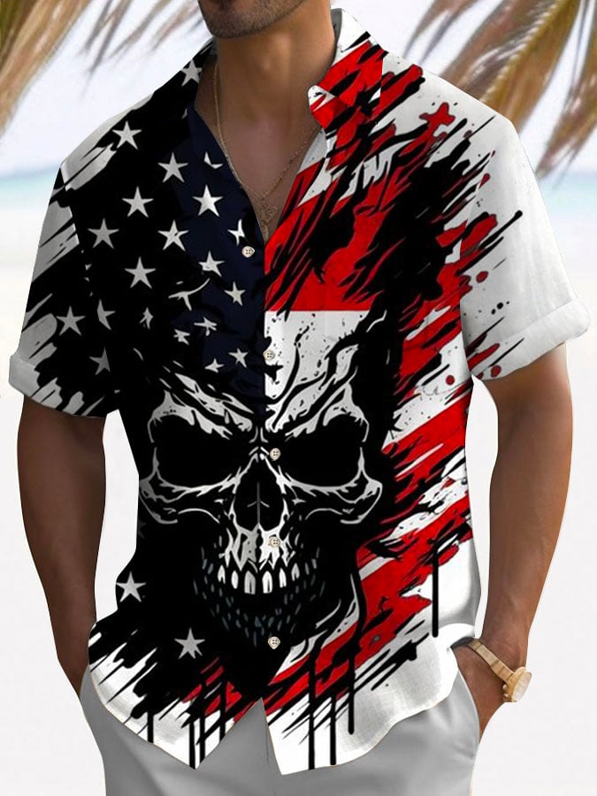 Flag Skull Fashion Short Sleeve Pocket Shirt