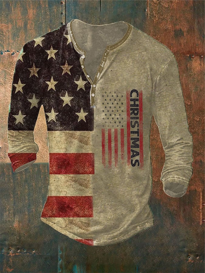 Men's Vintage USA Flag Christmas Printed Casual Henley Shirt