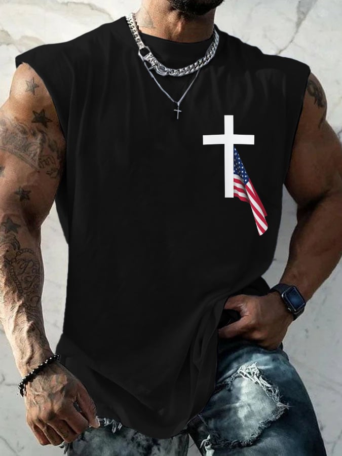 Men'S Cross and American Flag Print Casual Crew Neck Tank Top