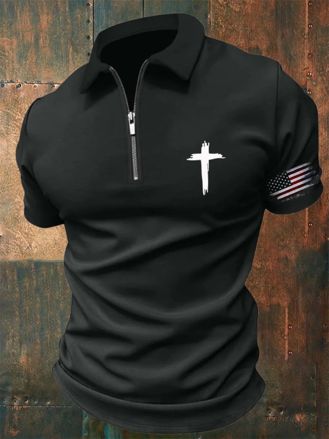 Men'S Flag Cross Print Casual Polo Shirt