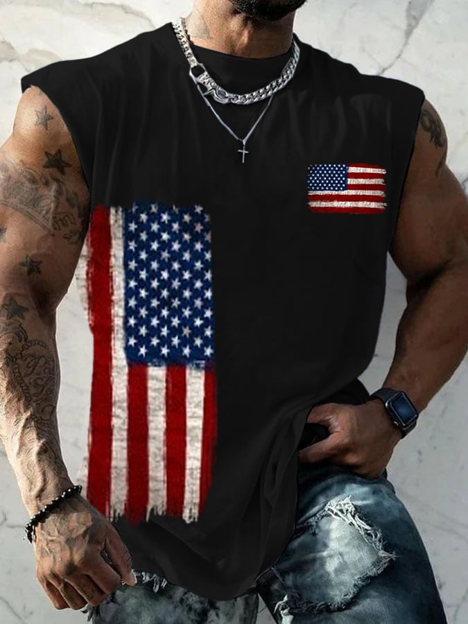 Men'S Flag Print Casual Crew Neck Tank Top