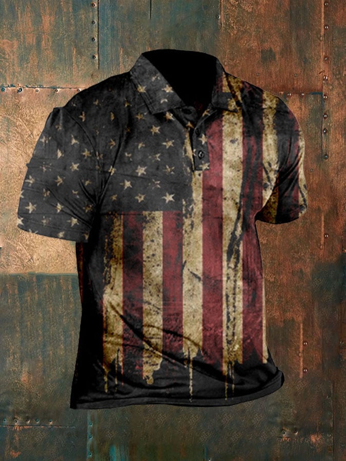 Men's Vintage Flag Print Polo Shirt