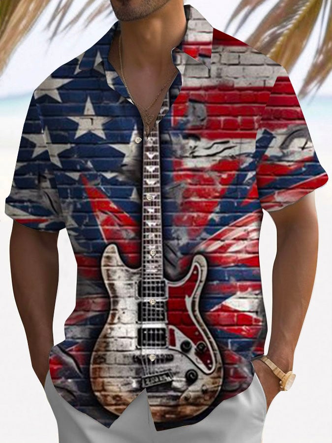 Flag Print Fashion Print Short Sleeve Pocket Shirt
