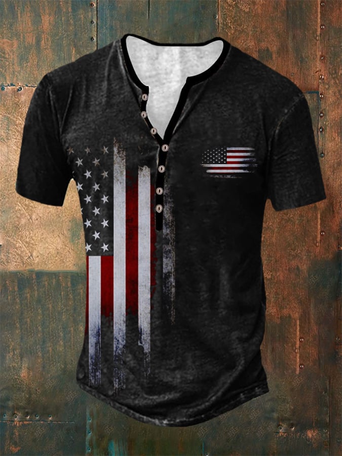 Men's Casual Vintage Flag Button Neck Print Short Sleeve T-Shirt