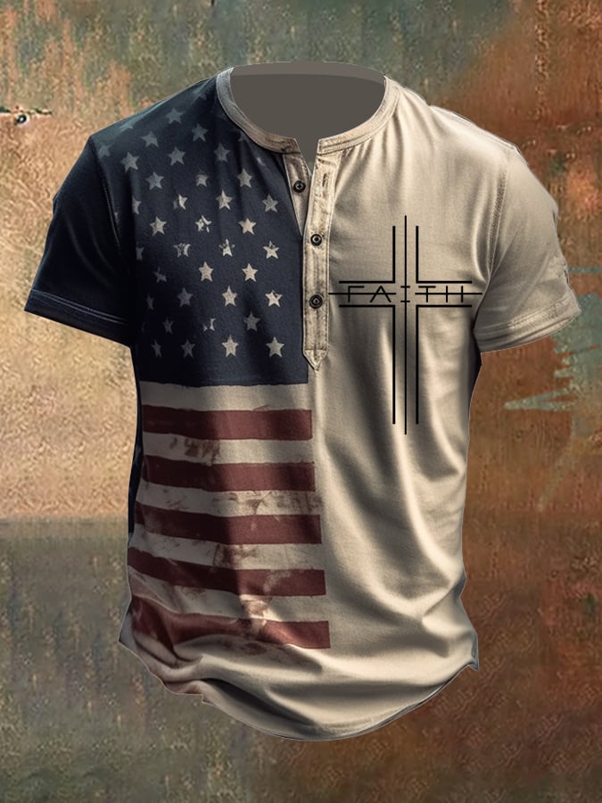 Men's Vintage American Flag Print Henley Neck T-Shirt