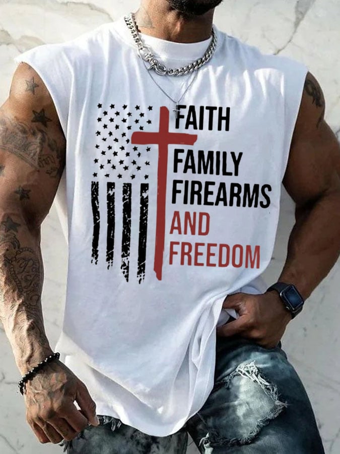 Men'S Faith Family Firearms And Freedom American Flag Cross Print  Tank Top
