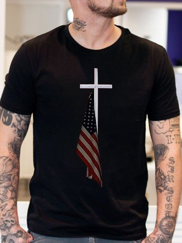 American Flag Faith Cross Print Men's T-shirt
