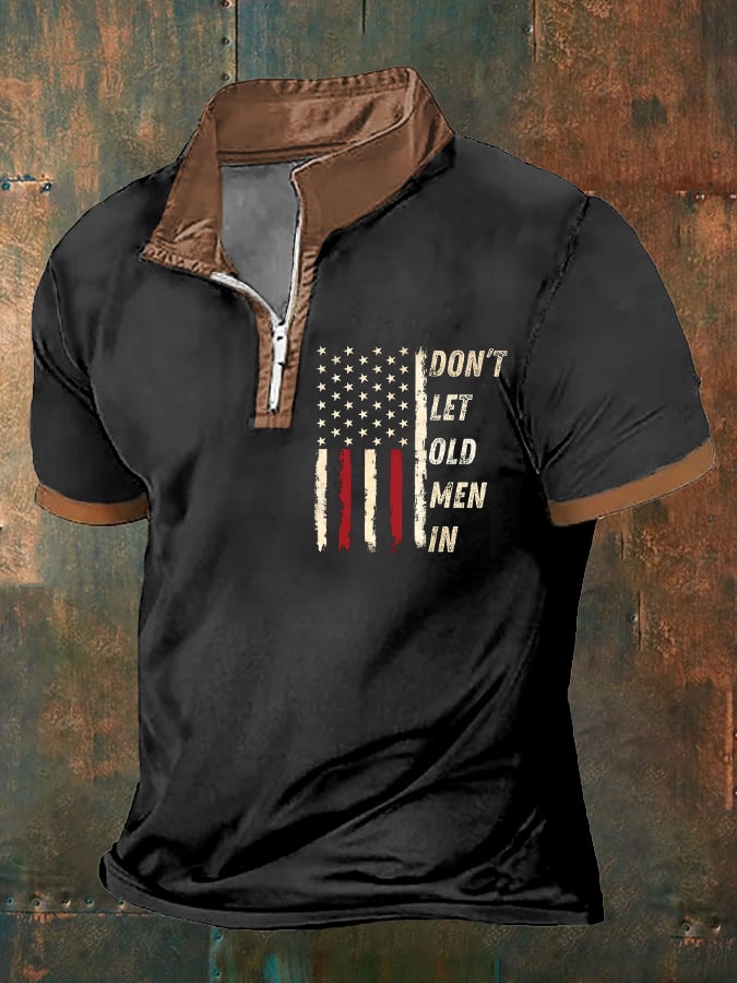 Men's Don't Let The Old Man In America Flag Print Zipper Polo