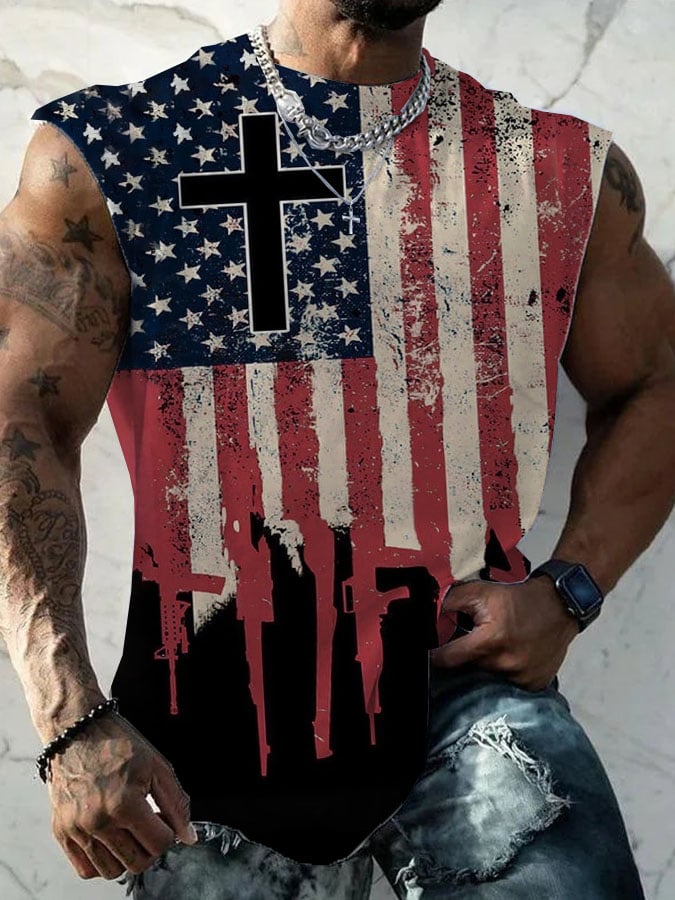 Men'S Jesus Cross Floral Flag Print Tank Top