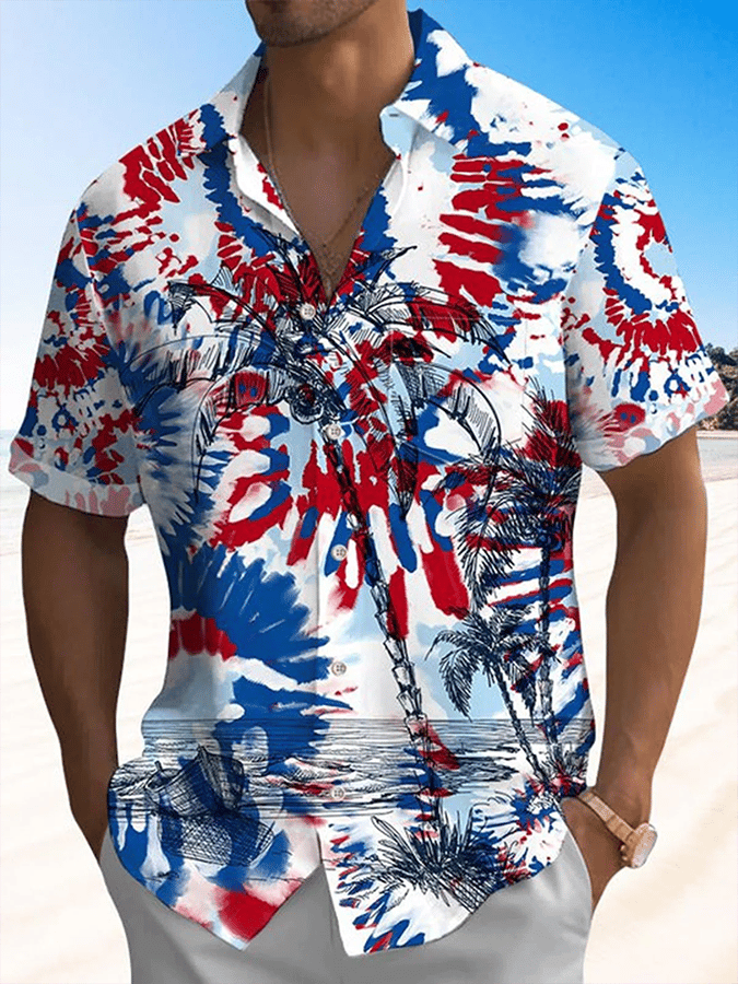 Men's Tie Dye American Flag Palm Tree Hawaiian Short Sleeve Pocket Shirt