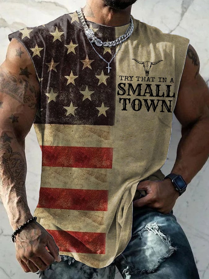 Men's American Flag Try That In A Small Town Tie Dye Print Tank Top