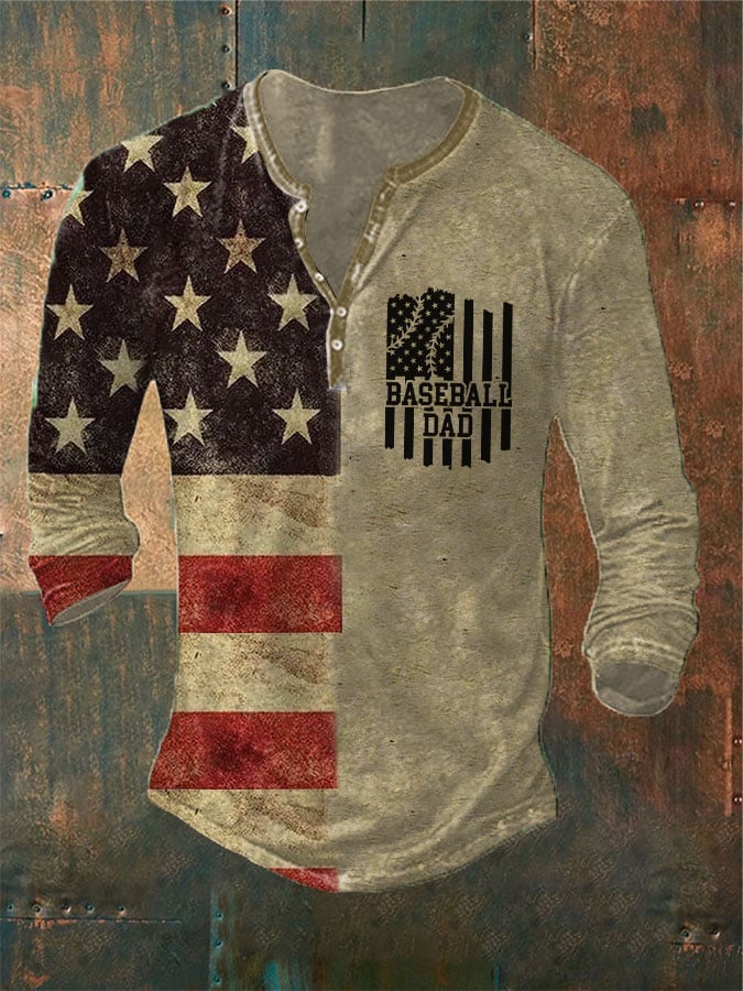 Men's Baseball Dad American Flag Printed Casual Henley Shirt