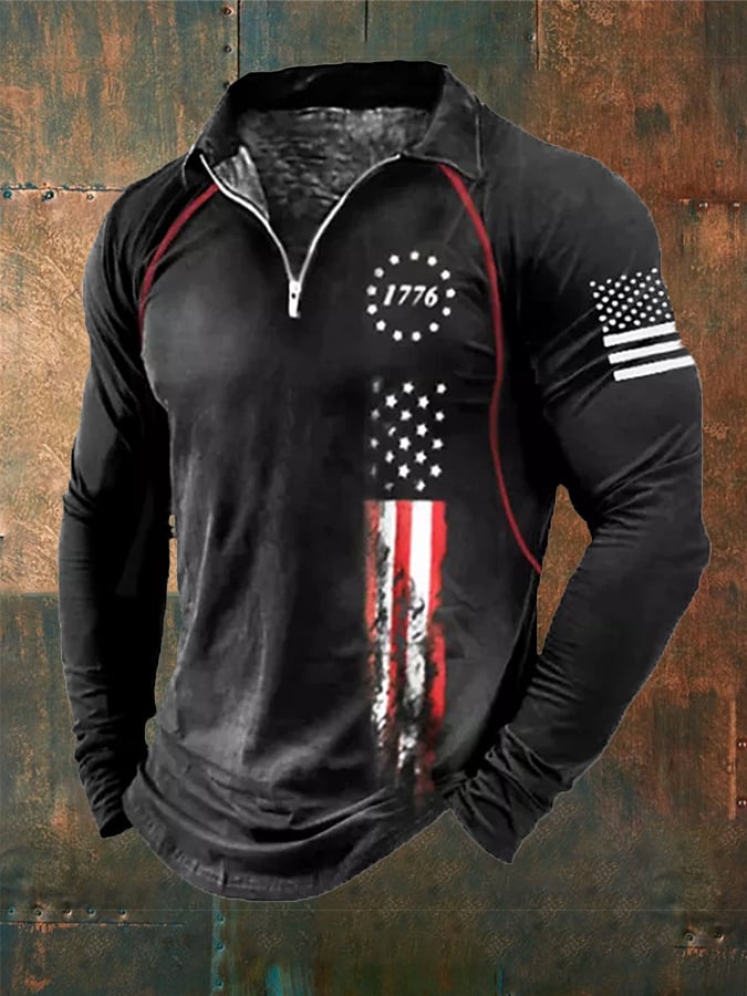 Men's Flag Casual Print Lapel Long Sleeve Top